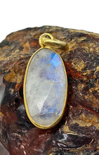 Load image into Gallery viewer, Rainbow Moonstone Pendant, Gold Plated Sterling Silver, Oval checkerboard Facet, Goddess Stone, Psychic Protection