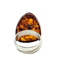Load image into Gallery viewer, Triangle Baltic Amber Ring, Adjustable Size, Solid 925 Sterling Silver, Fossilized Tree Resin, Cognac Colour