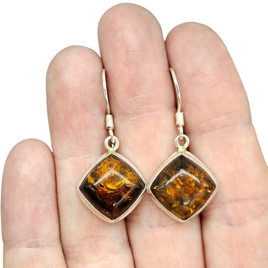 Baltic Amber Earrings, Diamond Shape, millions of years old, Sterling Silver, Fossilized Tree Resin, Cognac Amber