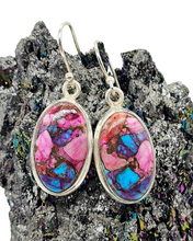 Load image into Gallery viewer, Oval Shaped, Oyster Turquoise &amp; Pink Opal Earrings, Sterling Silver, Hot Pink Gemstone, Spiny Oyster Shell, Courage Stone - GemzAustralia 