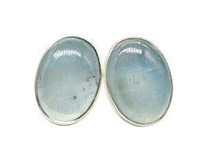 Statement Aquamarine Studs, March Birthstone, Oval Cabochon, Sterling Silver, 14 carats, Courage & Communication Gemstone - GemzAustralia 