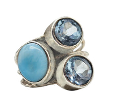 Load image into Gallery viewer, Larimar &amp; Blue Topaz Ring, Size 7.25, Three Stone Ring, Dolphin Stone, Atlantis Stone, December Birthstone, Sterling Silver