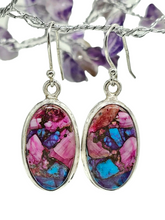 Load image into Gallery viewer, Oval Shaped, Oyster Turquoise &amp; Pink Opal Earrings, Sterling Silver, Hot Pink Gemstone, Spiny Oyster Shell, Courage Stone - GemzAustralia 