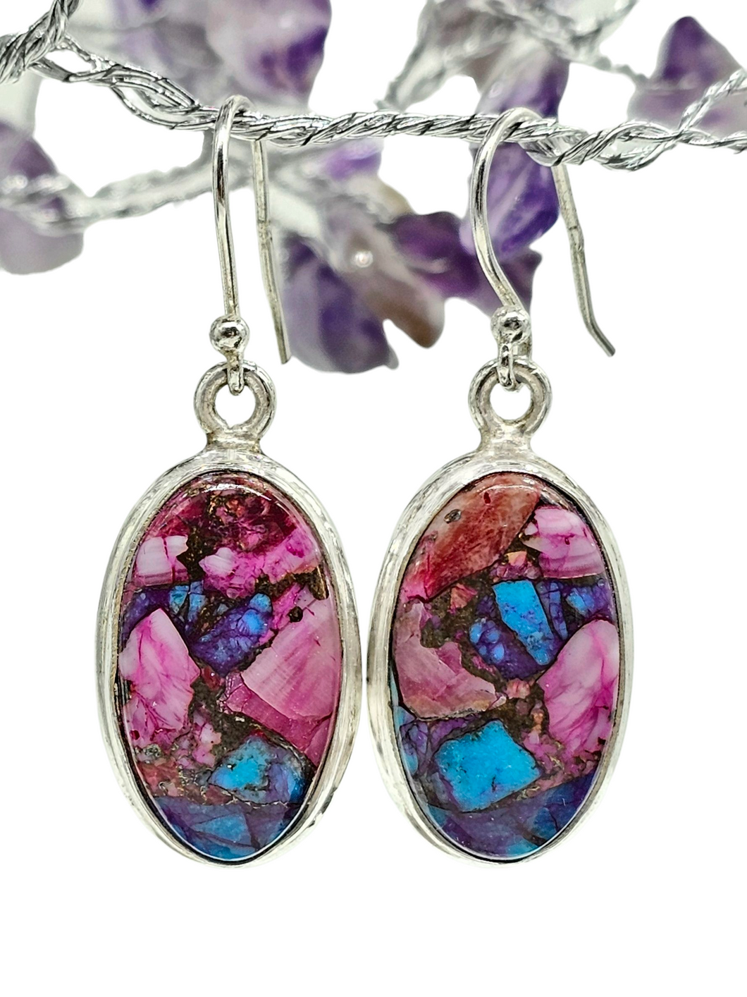 Oval Shaped, Oyster Turquoise & Pink Opal Earrings, Sterling Silver, Hot Pink Gemstone, Spiny Oyster Shell, Courage Stone - GemzAustralia 