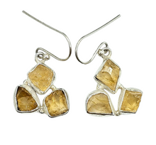 Load image into Gallery viewer, Raw Citrine Earrings, November Birthstone, Sterling Silver, Rough Gemstones, 3 Stone dangle, Stone of Abundance, Money Stone