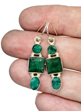 Load image into Gallery viewer, Green Emerald Earrings, May Birthstone, Three Stone Drop, Geometric Design, Inspiration Stone, Infinite Patience, Loyalty - GemzAustralia 