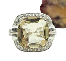 Load image into Gallery viewer, Halo Lemon Quartz &amp; Zircon Ring, Size 11, Cushion Square Facet, 8.5 carats, Sterling Silver, Mental Clarity, Confidence Gem