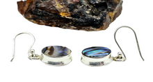 Load image into Gallery viewer, Paua Shell Earrings, Sterling Silver, Abalone Shell, Dangly Oval Drops, Prosperity, Peace, Good Luck &amp; Strength, New Zealand Paua Shell