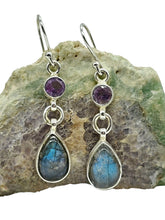 Load image into Gallery viewer, Labradorite &amp; Amethyst Earrings, Sterling Silver, Round/Pear Design, Mystical Magical Gemstone, Companion through Change - GemzAustralia 