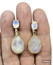 Load image into Gallery viewer, Rainbow Moonstone Dangly Earrings, Gold Plated Sterling Silver, June Birthstone, Protection Stone, Love Rock
