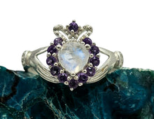 Load image into Gallery viewer, Rainbow Moonstone &amp; Amethyst Claddagh Ring, Size 9, Sterling Silver, Natural Gemstones, Symbol of Love, Friendship and Loyalty