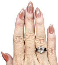 Load image into Gallery viewer, Aquamarine &amp; Garnet Three Stone Ring, Size 6 1/4, Sterling Silver, Vintage Inspired, March and January Birthstones