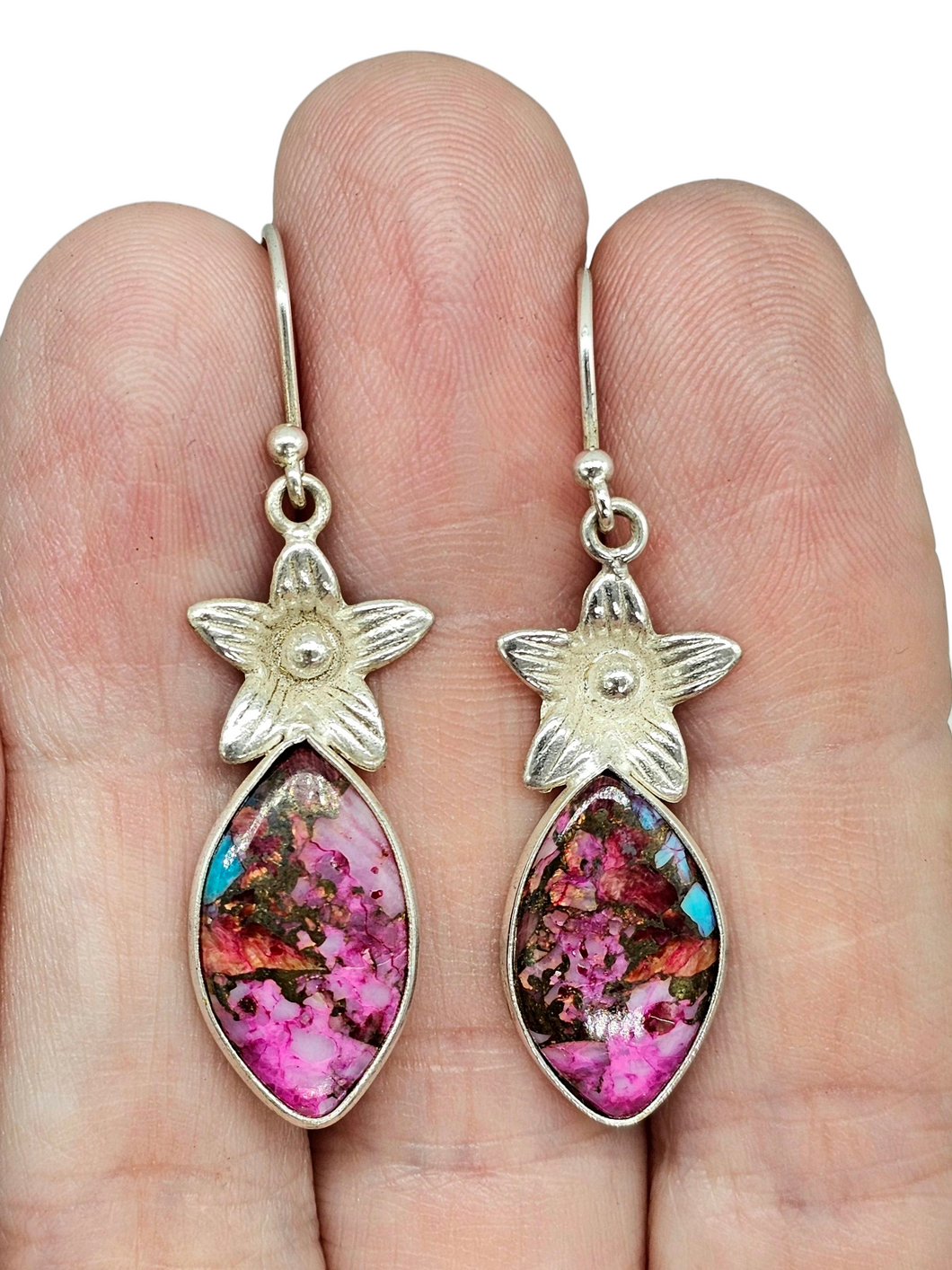 Pink Opal & Oyster Turquoise Flower Earrings, Sterling Silver, Marquise Shaped, Love Stone, Copper Turquoise