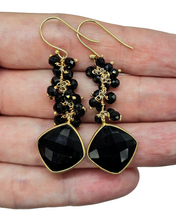 Load image into Gallery viewer, Genuine Black Onyx Earrings, Gold Plated Sterling Silver, Checkerboard Faceted, Beaded drops, Support Stone - GemzAustralia 