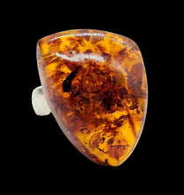 Load image into Gallery viewer, Triangle Baltic Amber Ring, Adjustable Size, Solid 925 Sterling Silver, Fossilized Tree Resin, Cognac Colour