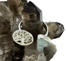 Load image into Gallery viewer, Rough Aquamarine &amp; Tree of Life Ring, Size 7, Sterling Silver, March Birthstone, Pale Blue Gemstone, Divine Communication