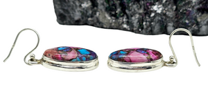 Oval Shaped, Oyster Turquoise & Pink Opal Earrings, Sterling Silver, Hot Pink Gemstone, Spiny Oyster Shell, Courage Stone - GemzAustralia 
