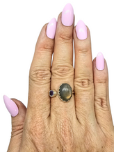 Load image into Gallery viewer, Sunset Peach Pink Labradorite &amp; Amethyst Ring, Size 8, Sterling Silver, Toi et Moi Ring, Prong set, Magic Stone, Protection Stone - GemzAustralia 