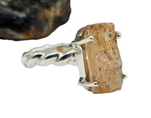 Load image into Gallery viewer, Rough Imperial Topaz Ring, Size 8, Sterling Silver, Raw Gemstone, Twisted Band, Rectangle Design, Manifestation Stone, Solar Plexus Chakra