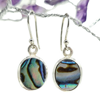 Load image into Gallery viewer, Paua Shell Earrings, Sterling Silver, Abalone Shell, Dangly Oval Drops, Prosperity, Peace, Good Luck &amp; Strength, New Zealand Paua Shell