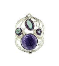 Load image into Gallery viewer, Charoite &amp; Mystic Topaz Ring, Size 7, Sterling Silver, Statement Piece, Four Stone Ring, Wearable Art