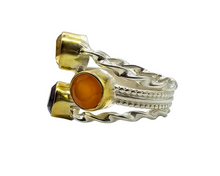 Load image into Gallery viewer, Three Stone Ring, Size 7, A Fusion of Amethyst, Citrine &amp; Carnelian, Two Tone, Gold Plated Sterling Silver - GemzAustralia 