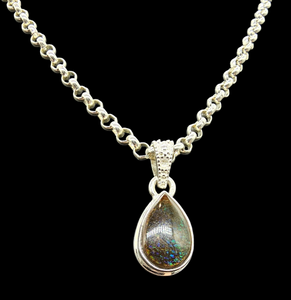 Multi Coloured Ammolite Pendant, Sterling Silver, Pear Shaped, Fossilized Ammonite, Opal like Gemstone, Power Gemstone - GemzAustralia 