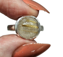 Load image into Gallery viewer, Golden Rutile Ring, Size 7.5, Rutilated Quartz, Sterling Silver, Round Cabachon, Angel Hair, Past Life Gemstone, Genuine - GemzAustralia 