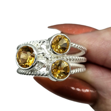 Load image into Gallery viewer, Three Stone Citrine Ring, Size P 1/2, Sterling Silver, Round Faceted, November Birthstone, Abundance Gem - GemzAustralia 