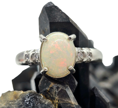 Solid Ethiopian Opal & White Sapphire Ring, Size P, Adjustable, Sterling Silver, October Birthstone, Aura Stone, Psychic Stone