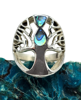 Paua Shell Tree of Life Ring, Sterling Silver, Green & Blue Shell, Size N, Abalone Ring, Brings the Wearer Prosperity