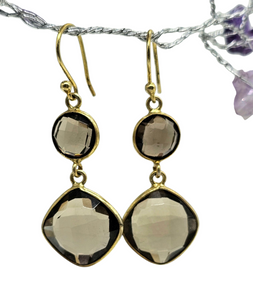 Smoky Quartz Earrings, Sterling Silver, 14K gold Plated, Caramel Brown, Double Drop, Grounding Stone, Anchoring Stone - GemzAustralia 