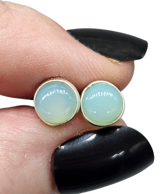 Blue Chalcedony Studs, Round Cabochon stud Earrings, Sterling Silver, Ethereal soft Blue Translucence, Creative Stone - GemzAustralia 