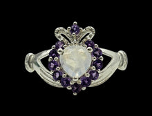 Load image into Gallery viewer, Rainbow Moonstone &amp; Amethyst Claddagh Ring, Size 9, Sterling Silver, Natural Gemstones, Symbol of Love, Friendship and Loyalty