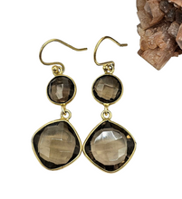 Load image into Gallery viewer, Smoky Quartz Earrings, Sterling Silver, 14K gold Plated, Caramel Brown, Double Drop, Grounding Stone, Anchoring Stone - GemzAustralia 