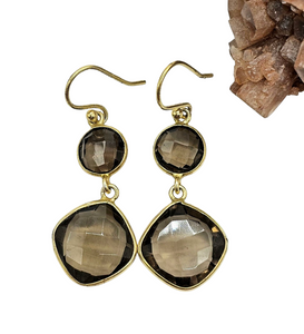 Smoky Quartz Earrings, Sterling Silver, 14K gold Plated, Caramel Brown, Double Drop, Grounding Stone, Anchoring Stone - GemzAustralia 