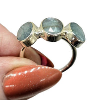 Load image into Gallery viewer, Three Stone Aquamarine Ring, Size 7, Sterling Silver, March Birthstone, Pale Blue Crystal, 6 Carats
