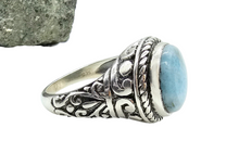 Load image into Gallery viewer, Vintage style Larimar Ring, Size 7.5, Sterling Silver, Round Shaped, Stone of Atlantis, Dolphin Stone, Water &amp; Fire Stone - GemzAustralia 