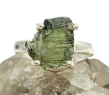 Load image into Gallery viewer, Raw Moldavite Ring, Size 7, Sterling Silver, Meteorite Stone, Forest green / Olive green Gem, Holy Grail Stone