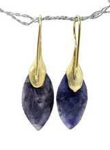 Load image into Gallery viewer, Blue Sapphire Earrings, Gold Plated Sterling Silver, September Birthstone, Marquise Checkerboard Faceted, Wisdom Stone - GemzAustralia 