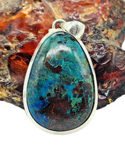 Load image into Gallery viewer, Shattuckite Pendant, Sterling Silver, Pear Shaped, mix of Azurite, Chrysocolla &amp; Malachite, Psychic Stone, Vivid Blue Green, Spirit Guide