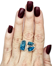 Load image into Gallery viewer, Raw Blue Apatite Ring, Three Stone Ring, Size 9 1/2, Sterling Silver, Raw Gems, Neon Blue Apatite, Electric Blue Gemstone - GemzAustralia 