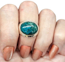 Load image into Gallery viewer, Chrysocolla Ring, Size 7, Sterling Silver, Oval Shaped, Turquoise Blue Gem, Communication Stone
