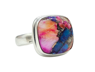 Square shaped Oyster Turquoise & Pink Opal Ring, Size N, Sterling Silver, Love Stone, Copper Turquoise, Heart Chakra