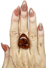 Load image into Gallery viewer, Triangle Baltic Amber Ring, Adjustable Size, Solid 925 Sterling Silver, Fossilized Tree Resin, Cognac Colour