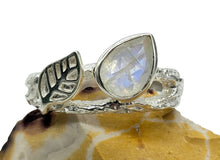 Load image into Gallery viewer, Rainbow Moonstone Leaf Ring, Size 9, Sterling Silver, Pear Shaped, Psychic Protection, Goddess Gemstone, Soul Talisman
