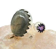 Load image into Gallery viewer, Sunset Peach Pink Labradorite &amp; Amethyst Ring, Size 8, Sterling Silver, Toi et Moi Ring, Prong set, Magic Stone, Protection Stone - GemzAustralia 