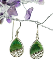 Load image into Gallery viewer, Green Mojave Turquoise Earrings, Pear Shaped, Sterling Silver, Protection Stone, Connects with Great Spirit of the Sky, Power Stone