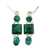 Load image into Gallery viewer, Green Emerald Earrings, May Birthstone, Three Stone Drop, Geometric Design, Inspiration Stone, Infinite Patience, Loyalty - GemzAustralia 