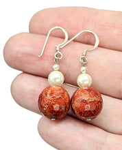 Load image into Gallery viewer, Sponge Coral &amp; Freshwater Pearl Earrings, Sterling Silver, Orange Red Coral, Love and Prosperity
